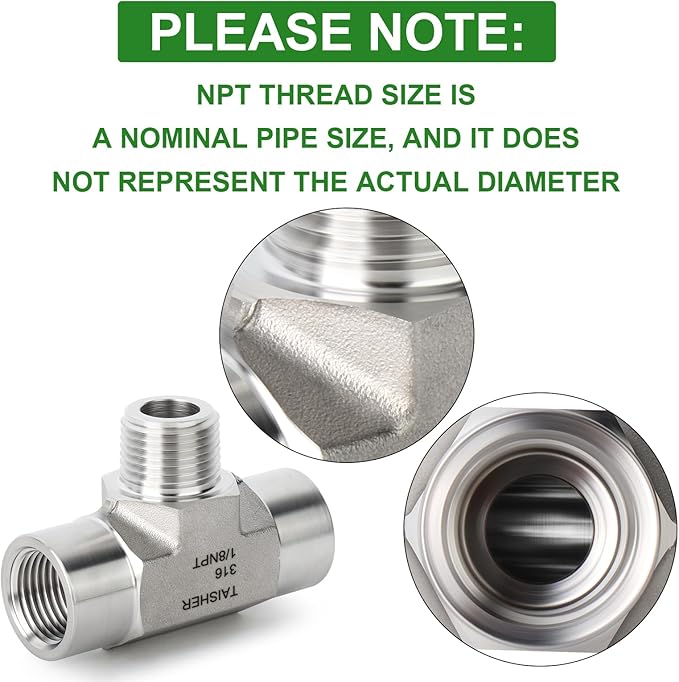 TAISHER 1PCS Forging of 316L Stainless Steel Tee Pipe Fittings, 1/8" NPT Female x 1/8" NPT Male x 1/8" NPT Female Pipe Fittings, Male Branch Tee