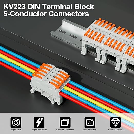 5Pcs DIN Terminal Blocks, 5 Conductor Compact Wire Conductor Splicing Connectors, KV223 Lever Wire Connectors for AWG 28-12, 600V 32A