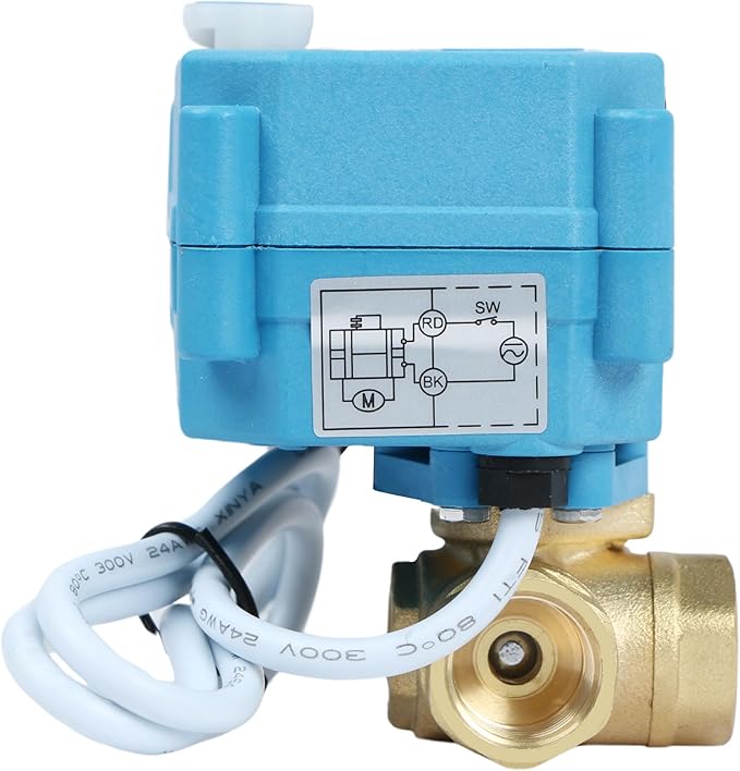 U.S. Solid 3/8" 3 Way Brass Motorized Ball Valve L Type AC/DC9-24V, Water Shutoff Valve with Manual Function, Standard Port, NOT for Drinking Water