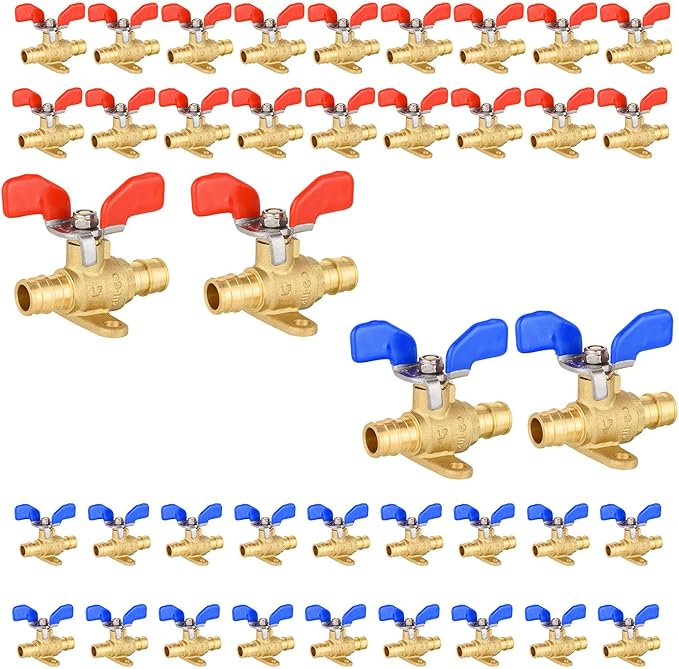40 Pack Foskan PEX-A Expansion Drop Ear Ball Valve, 3/4" Full Port Shut-off Valve with Blue or Red Butterfly Handle for PEX-A Pipe Connection