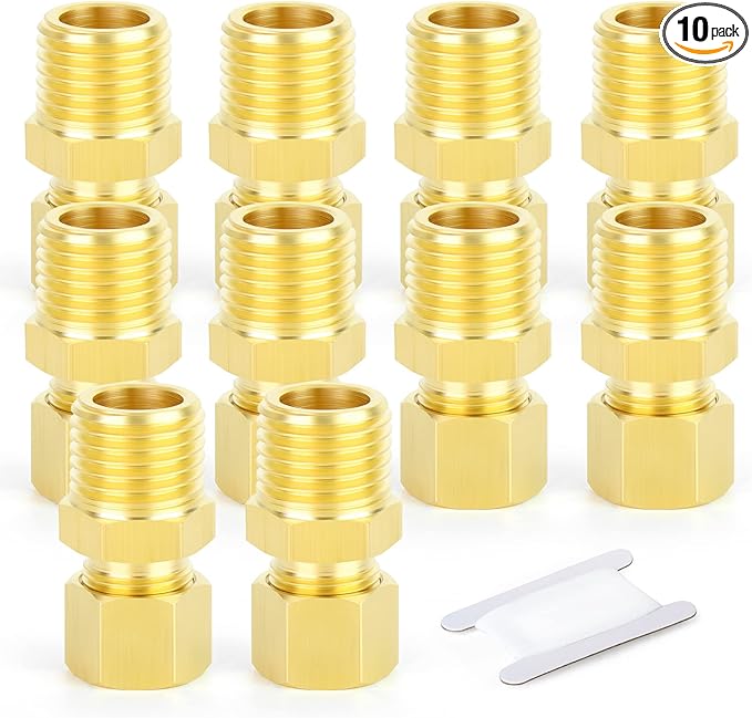 GASHER 10PCS Brass Compression Tube Pipe Fitting Connector, 3/8" Tube OD x 1/4" NPT Male Connector