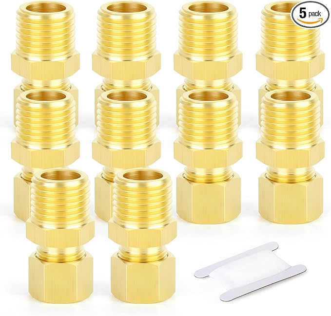 GASHER 10PCS Brass Compression Tube Pipe Fitting Connector, Straight Coupling Adapter 1/4" Tube OD x 3/8" NPT Male Connector