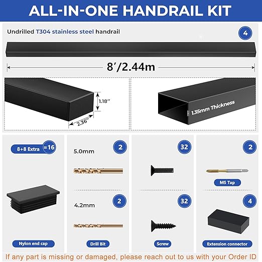 4Pack 8FT T304 Stainless Steel Handrails Black with Extension Connectors End Cap Kits for Cable Railing System Posts Kit, Cuttable Rectangular Handrails Flat Top Rail - 2.36" W x 1.18" H