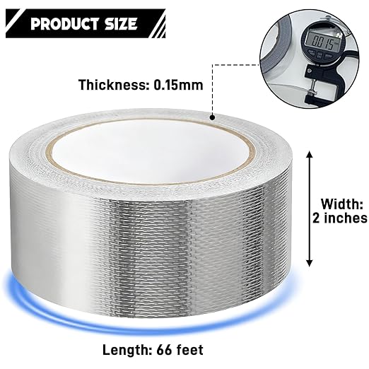 Quinnsus 2" x 66 Ft Aluminum Foil Tape, 5.91 mil - Heavy Duty Heat Shield & Thermal Insulation Fiberglass Tape for HVAC Ductwork, Metal Ducts, Dryer Vents, AC Pipes, Exhaust Repair