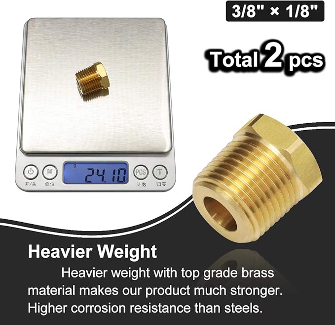3/8 Inch NPT Male to 1/8 Inch Female NPT Thread Brass Fitting Reducing Hex Head Bushing Pipe Hose Adapter Convert Max 1200 PSI Pack of 2