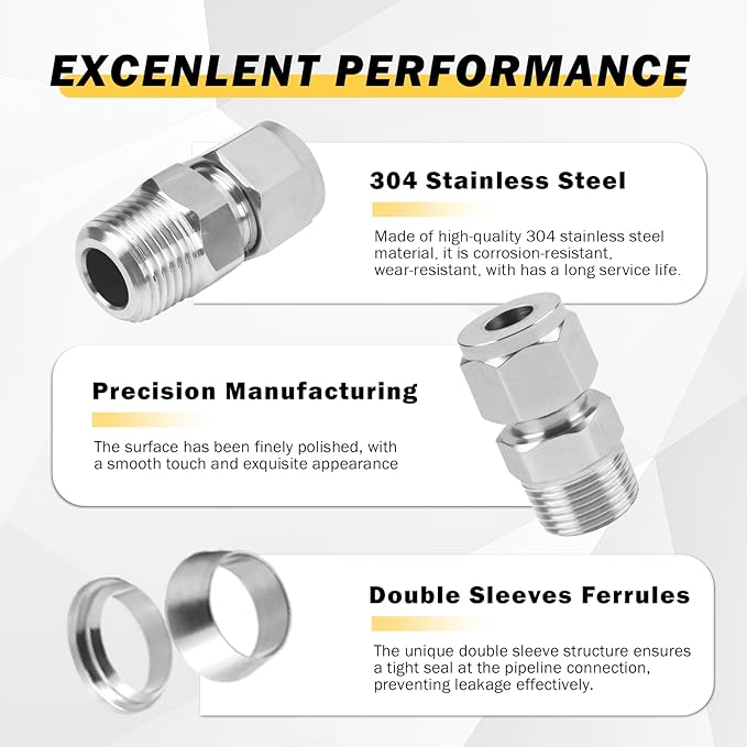 Yoebor Stainless Steel 304 Compression Tube Fitting Straight Adapter Connector with Double Ferrules 1" OD x 1/2" NPT Male,Pack of 2