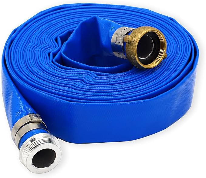 DAVCO 1" ID x 100 ft PVC Lay Flat Discharge Hose with Aluminum Pin Lug Fittings, Heavy Duty Reinforced Blue Backwash Pump Hoses for Swimming Drain Pools and Clean Filters