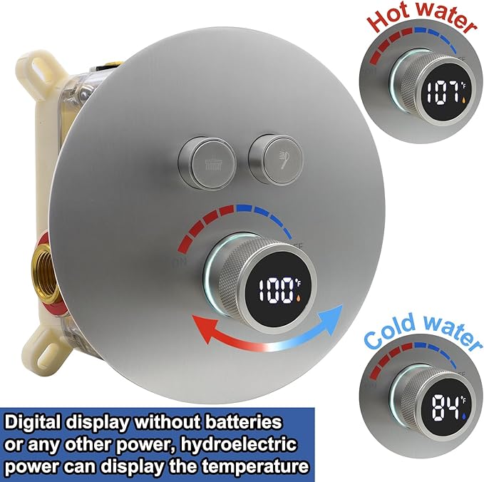Round Digital Display Shower Valve 2 Way Shower Mixing Valve Concealed Installation Can Use All the Time Brushed Nickel