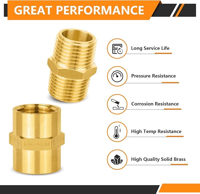 10-PCs HeSun Brass Pipe Fittings Combo, 5-PCs 1/2" NPT Male + 5-PCs 1/2" NPT Female Hex Nipple Adapter