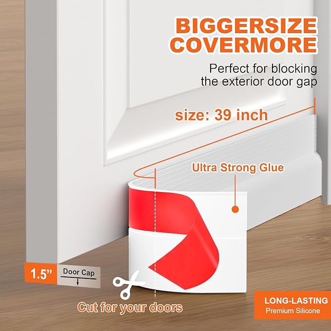 Door Draft Stopper, Door Sweep for Bottom of Door, Weather Stripping Door Seal, Under Door Gap Filler, Under Door Draft Blocker Soundproof/Insulator, Door stoppers (White, 39‘’)