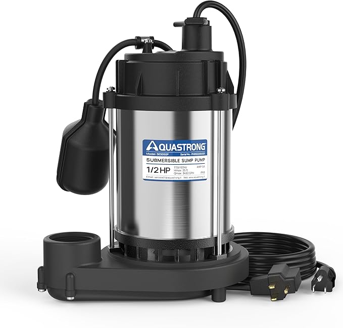 AQUASTRONG 1/2 HP Sump Pump, 3450 GPH Stainless Steel and Thermoplastic Submersible Water Pump, Automatic Float Switch with Piggy-back Plug,1-1/2" NPT Discharge Subpumps for Basement and Flooding Area