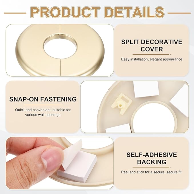 PATIKIL Wall Split Flange 95mm / 3.7" OD, 4 Pcs Round Escutcheon Plate Cover PPR Plumbing Cover Plates with Self-Adhesive Tape for 33.5mm / 1.3" Dia Water Pipe Faucet, Gold