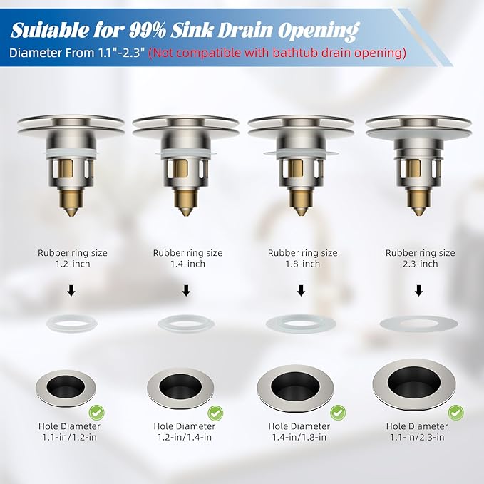 Hibbent All Metal 2 in 1 Bathroom Sink Stopper, Universal Pop Up Drain Strainer, Brass Bullet Core Push Type Sink Stopper for 1.1''~2.3'' Basin, Big Push Button, Anti Clogging Filter, Brushed Nickel