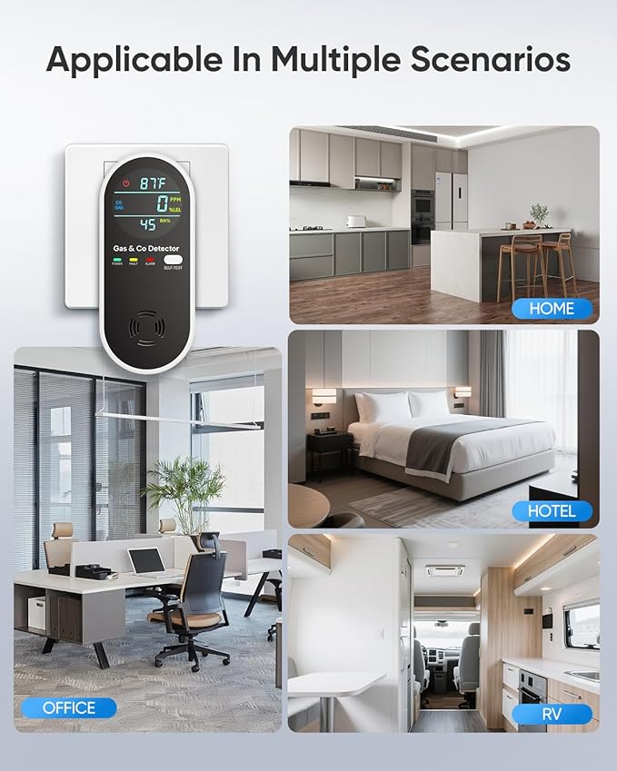 Carbon Monoxide Detectors & Natural Gas Detector, 4-in-1 Carbon Monoxide Detectors Plug in, Gas Leak Detector with Dual Alarms, Temperature & Humidity Sensor for Home, RV, Black, 3 Packs