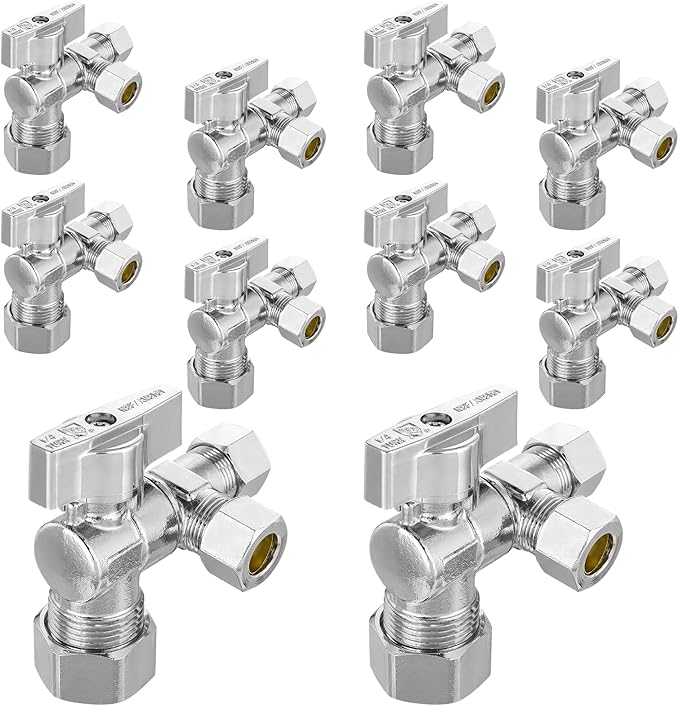 10-PCs HeSun Quarter-Turn Compression Angle Valve, 1/2" Nominal (5/8"OD) x 3/8" OD x 3/8" OD, Dual Compression Outlet Shut Off Valve, Chrome Plated Brass(VALVE206-10)