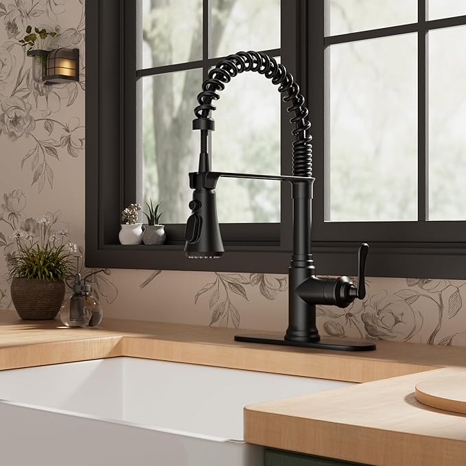 FORIOUS Rustic Black Kitchen Faucet with Pull Down Sprayer, 3 Modes Stainless Steel High Arc Vintage Spring Sink Faucet 1 or 3 Holes for Pot Filler, Farmhouse Camper Wet Bar