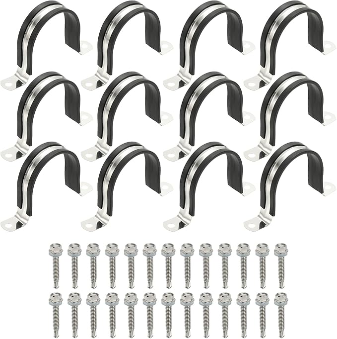 PATIKIL 12Pcs Pipe Clamps, 2-1/2 Inch 304 Stainless Steel Rubber Cushioned U Bracket Conduit Clamps Pipe Strap Wire Clips with Hexagonal Screw for Tube Hose Cord Installation, 63mm