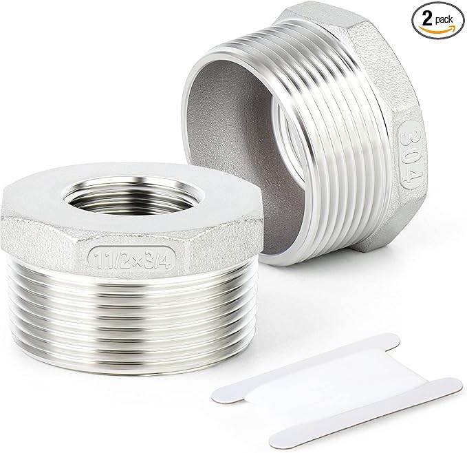 TAISHER 2PCS 304 Stainless Steel Reducer Hex Bushing, 1-1/2" NPT Male x 3/4" NPT Female, Reducing Pipe Adapter Fitting
