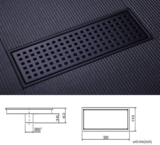 Linear Shower Floor Drain with Removable Cover Grid Grate 12 inch Long Rectangle, SUS 304 Stainless Steel Matte Black Plated Finish