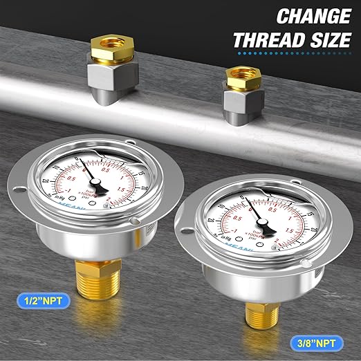 MEANLIN MEASURE -30inHG~30Psi Liquid Filled Pressure Gauge Front Flange Panel Mount, 1/4" NPT 2.5" FACE DIAL Stainless Steel Case with Phillips Screw, Nut and Brass Hex Bushing, +/-3-2-3%