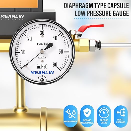 MEANLIN MEASURE 0-60 in H2O Diaphragm Type Capsule Low Pressure Gauge 1/4" NPT 2-1/4" FACE DIAL Adjustable Water Column Gauge, with 1/2" NPT and 3/8" NPT Hex Bushing, Back Mount
