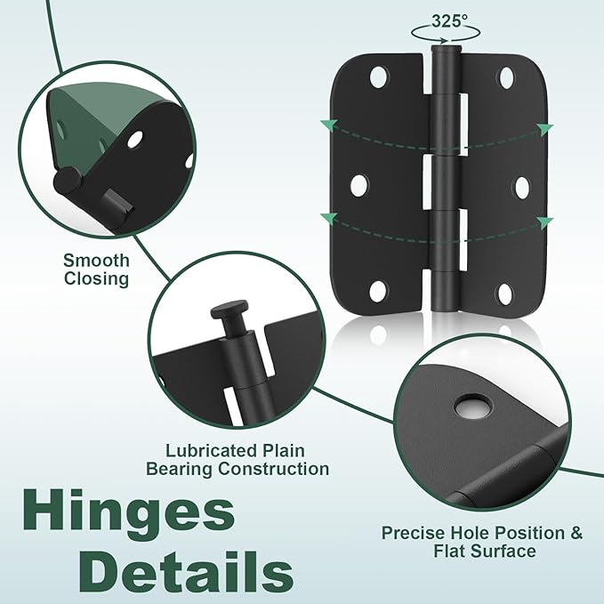 Estmoon 30 Pack Matte Black Door Hinges, 3.5 x 3.5 Inch, 5/8" Radius Rounded Interior Hinges, 6 Holes, Modern/Industrial Style, Iron Material