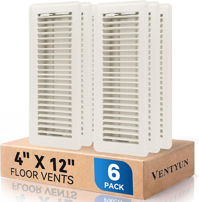 4" x 12" Floor Register Vent Covers 6-Pack, Walkable Powder-Coated Metal Vent Covers with Adjustable Airflow, Curved Safe Edges for Floor/Wall, White
