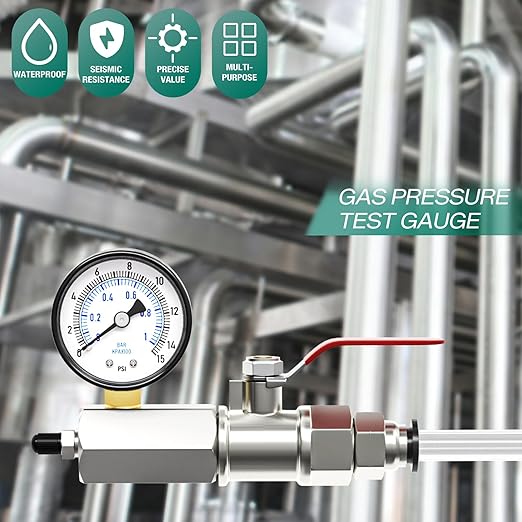 0-15PSI Gas Test Pressure Gauge, 2" Dial Size, 3/4" FNPT Connection, -3-2-3% Accuracy, Brass Valve, Chrome Plated Steel Body Assembly, for as Well as Gas line, air Circuit, Pressure Test