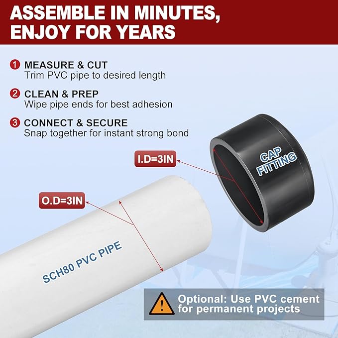 1Pcs 3" PVC External End Cap Fitting, SCH80 Furniture Grade PVC Pipe Plug Adapter, Pipe Cover Fittings for DIY Project, Irrigation System, Plumbing Framework, Garden Structures