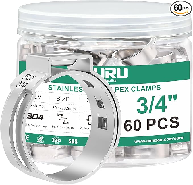 60PCS 3/4 Pex Crimp Ring,304 Stainless Steel Pex Cinch Clamps,Single Ear Hose Clamps for Pex Fittings Pipe Tubing