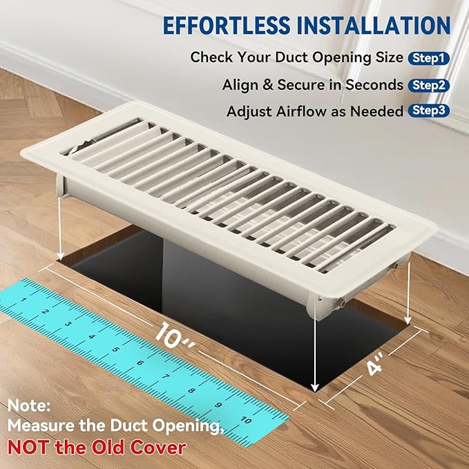 4" x 10" Floor Register Vent Covers 2-Pack, Walkable Powder-Coated Metal Vent Covers with Adjustable Airflow, Curved Safe Edges for Floor/Wall, White