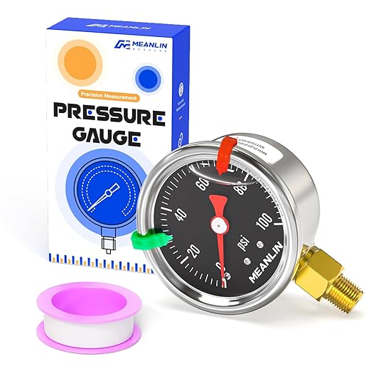 MEANLIN MEASURE 0~100Psi Black Stainless Steel Pressure Gauge, Glycerin Filled 1/8" NPT 1.5" FACE DIAL, Liquid Filled Pressure Gauge WOG Water Oil Air Lower Mount (with 2PCS Snaps)
