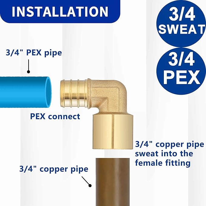 (10 Pack) Lidertik Copper to Pex Fittings 3/4 inch Elbow, 3/4" Pex B F1807 x 3/4" Female Sweat Elbow Adapter Brass LI-APXFSE3434(10 Pieces)