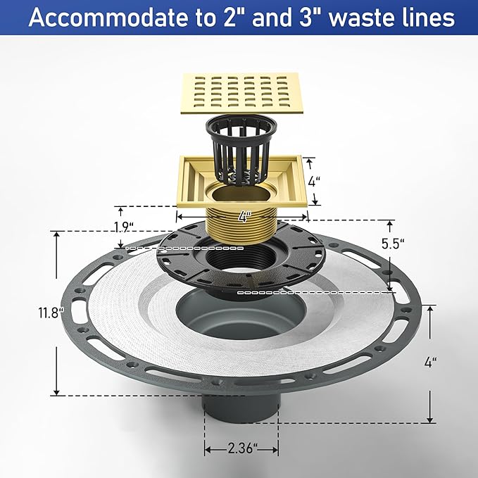 Square Shower Drain 4" Polished Gold 304 Stainless Steel Drain Grate Removable Drain Key with PVC Bonding Flange Base for Low Profile Shower Floor Tiles