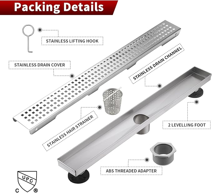 Sharp-tec 28 inch Linear Shower Drain, Brushed Rectangular Floor Drain, V-Shape Design Drain Channel, 304 Stainless Steel, cUPC Certificated for Bathroom Shower Room (Drain Base is Not Included)