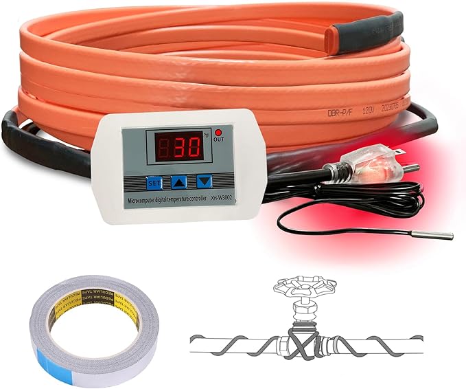 Cupohus Heat Tape for Water Pipes with Digital Display Thermostat 9FT, Freeze Protection Self-Regulating Heat Trace Cable for Metal, Plastic Home Pipes, Roof and RV, 110-120V