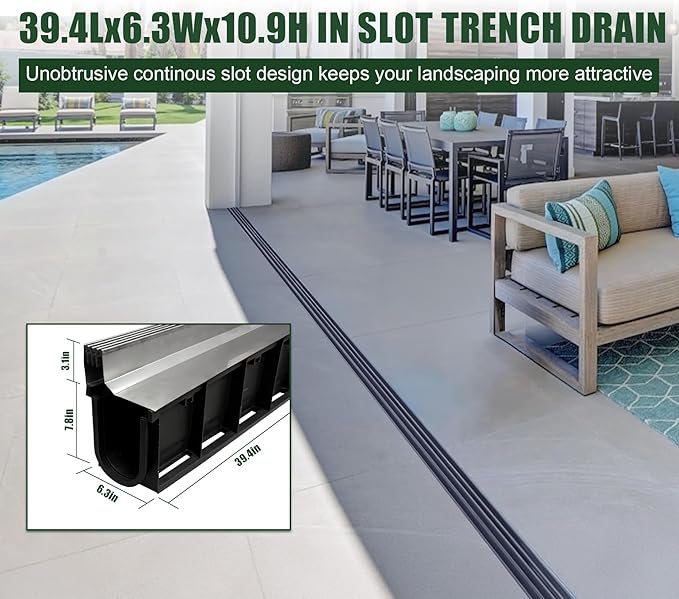 Slot Channel Drain with 304 Stainless Steel Grate-39.4Lx6.3Wx10.9H in. Deep Profile Trench Drain System for Landscaping,Trench Drain for Patio,A15 Hidden Drain Channel with Metal Grate