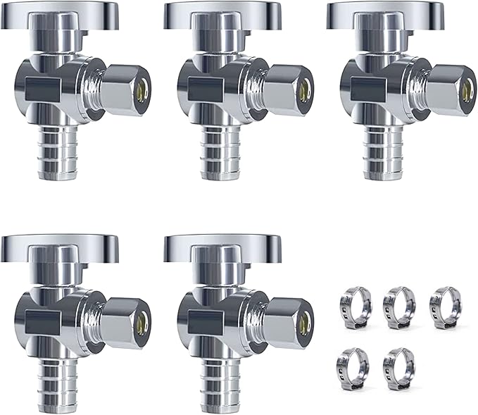 VINTEX 5 Pack 1/2 Inch Pex x 3/8 Inch Od Angle Pex Valve,Water Shut Off Valve,Quarter Turn Crimp Fittings Angle Stop Valve,Chrome Plated Brass,CPVC