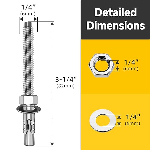 Mywish 1/4 x 3-1/4 Inch Wedge Anchors, 10Pcs 304 Stainless Steel Industrial 1/4 Heavy Duty Industrial Masonry Wdege Anchor Bolts for Brick Cement and Concrete, Bright Finish