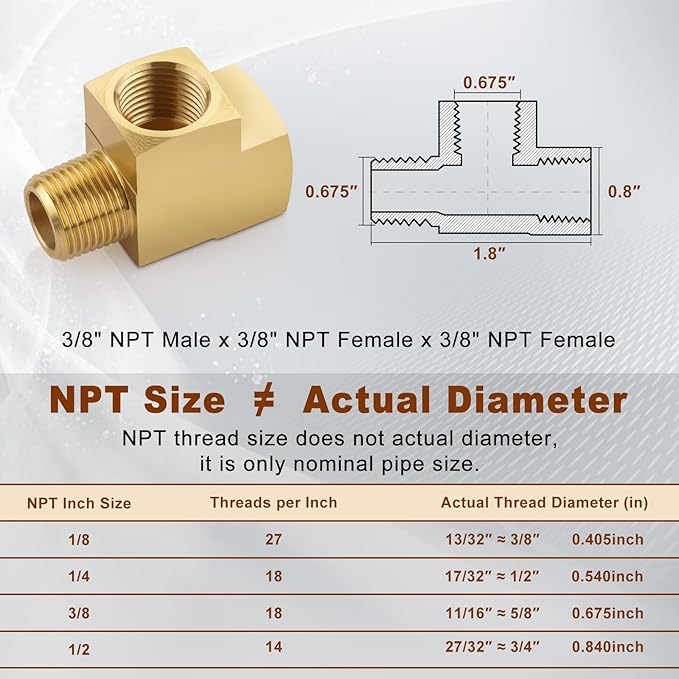 5pcs 3/8" Brass Tee Fittings 3/8" NPT Female Pipe to 3/8" NPT Male to 3/8" NPT Female Brass Barstock Street Tee Pipe Fittings 3 Way for Joining Pipe