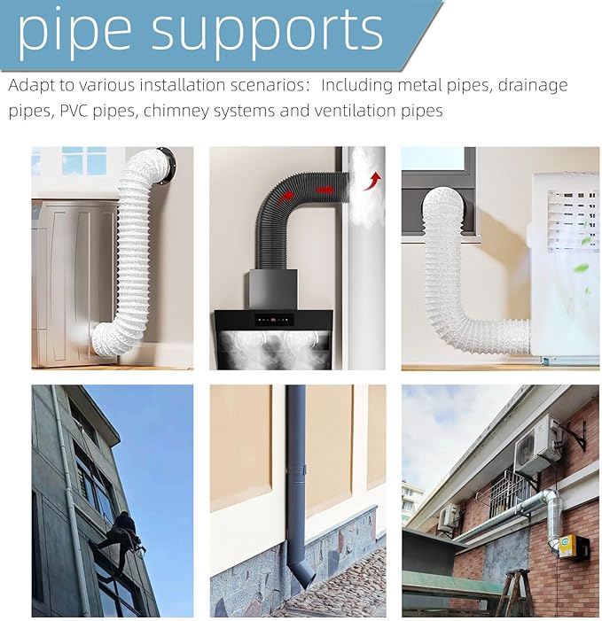 2 Sets Premium 4 Inch Adjustable Pipe Metal Bracket，Heavy Duty Galvanized Iron Stove Pipe Hanger Strap，Wall Support Chimney Round Split Ring Dryer Vent Hose Duct PVC Holder，with All Mounting Screws