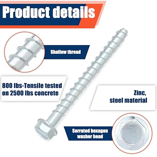 Tandefio 40 Pack 3/8" x 5" Concrete Screw Anchor Galvanized Large Diameter Heavy Duty Plated Concrete Anchors for Masonry Brick Anchoring Block Decking Framing Hex Drive