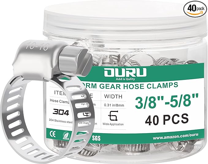 40PCS Hose Clamps Stainless Steel Adjustable 3/8"– 5/8"(10-16mm) Worm Gear Hose Clamp, Heavy Duty Metal Small Hose Clamps for Automotive, Pipe, Radiator Plumbing, Fuel Line