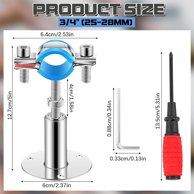 8 Pcs 304 Stainless Steel Wall Mount Ceiling Mount Pipe Supports Bracket, Suitable for OD 3/4"(25-28mm), Adjustable Height 50-100mm, Adjustable Pipe Strap Clamp with Screws and Screwdriver