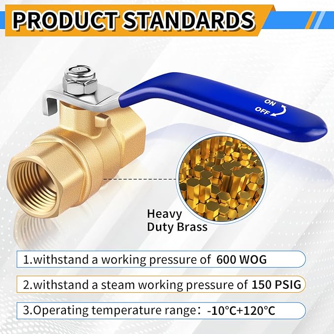 Boltigen 3/4 inch Forged Brass Ball Valve, 2Pack Heavy Duty Full Port Shut Off Valve with Double Female NPT Threaded, 600 WOG Long Handle Metal Plumbing Full Bore Control Valve Pipe Connector Fitting