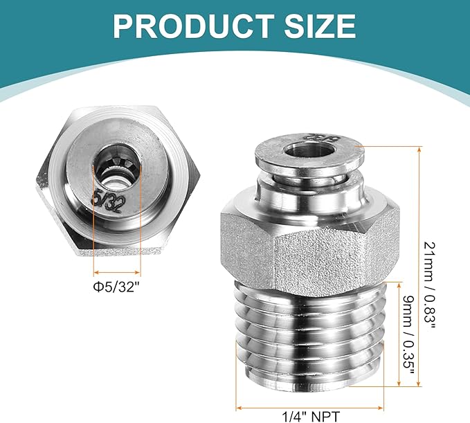 HARFINGTON Push to Connect Fittings 5/32" Tube OD x 1/4" NPT Thread Male Straight Union Fittings 304 Stainless Steel Quick Connect Pneumatic Accessories for Trailers Air Brake System