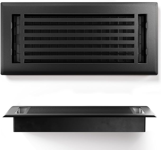 Floor Register 4x10 Vent Cover – 8 Pack – Heavy-Duty Steel, Rustproof & Walkable Grates, Drop-in Install, Adjustable Air Supply Switch - Decorative Straight Line Design, Textured Black