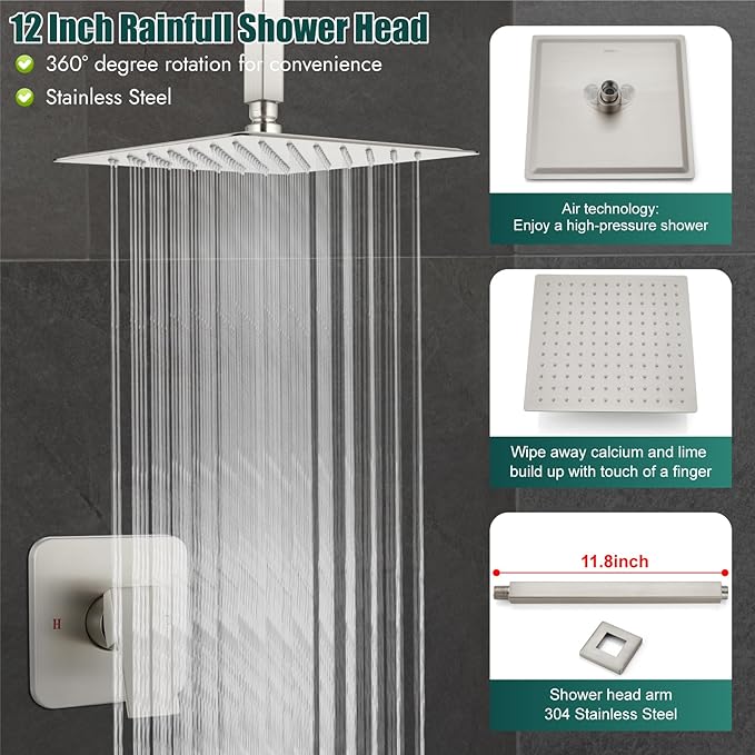 Heyalan Shower Faucet Set Square Stainless Steel Bathroom Rainfall Shower System One Handle Single Function Shower Trim Kit with Rough-in Valve Male Thread,Ceiling Mount,12 Inch,Brushed Nickel