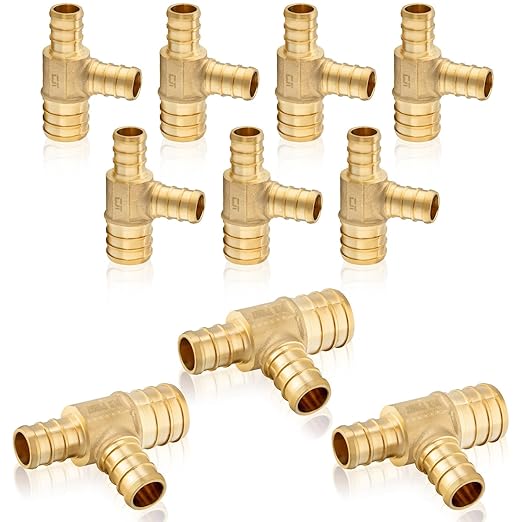 10-Pack HeSun PEX Fittings, 1"x3/4"x3/4" Pex Tee, Brass Crimp Fitting for ASTM F1807(PEX1807088-10)