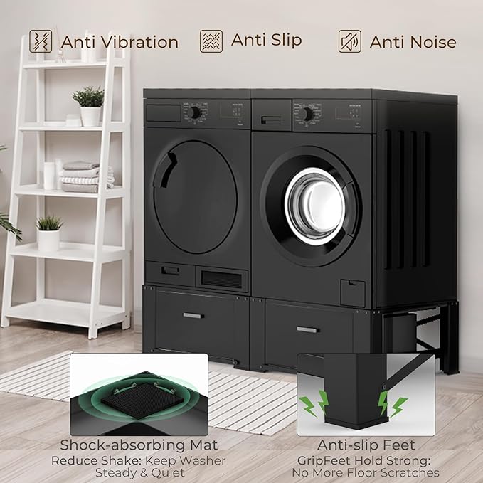 SKM 2-Pack 28" Washer and Dryer Pedestal Stand with Storage Drawer | Heavy-Duty Steel Frame, 700LB Capacity | 14.3 Inch Lift to Reduce Back Strain, Black